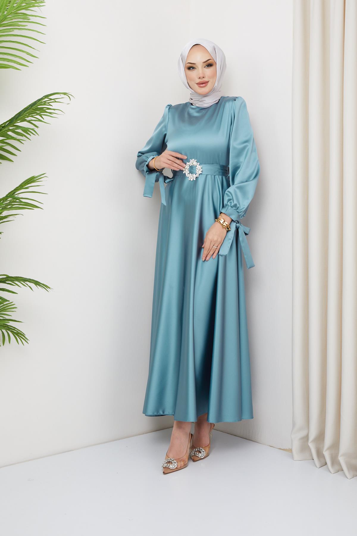 Hijab Cuff Laced Belt Stone Satin Evening Evening Mint GreenHM4133-1
