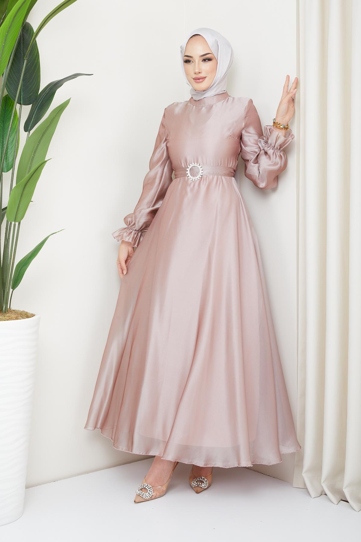 Tesettür Manşeti Fırfırlı, Organze Şifon Abiye PudraHM4168