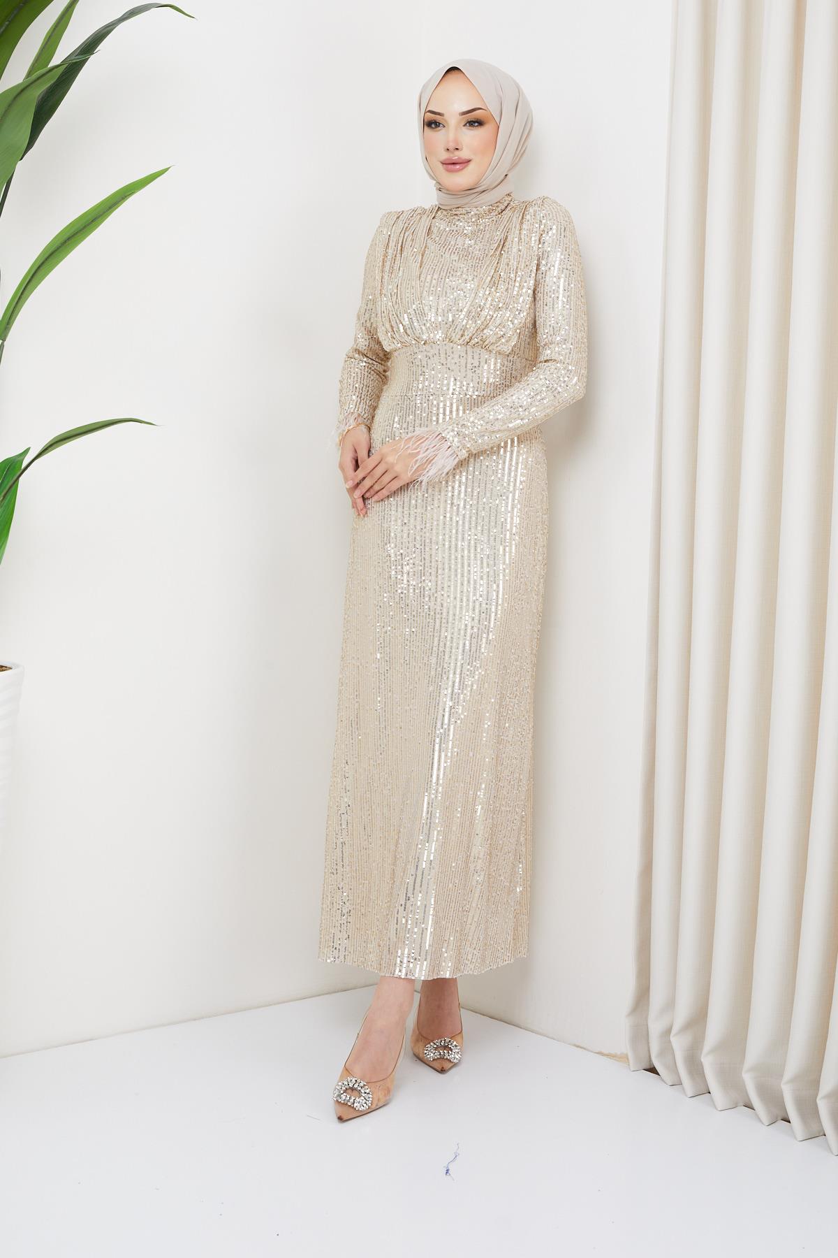 Hijab Cuff Feather Detailed, Sequined Evening Dress BeigeHM5019