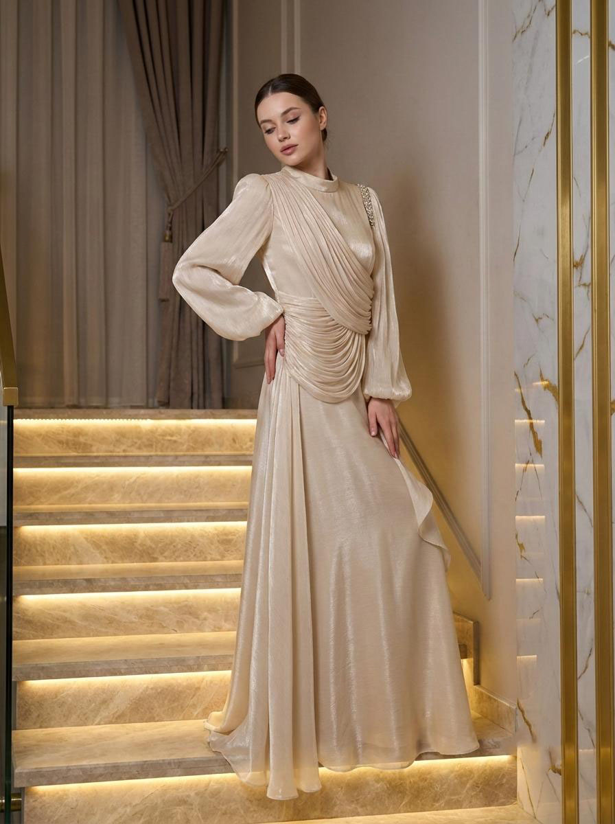 Tesettür MAYRA Işıltı Abiye BejLP6379