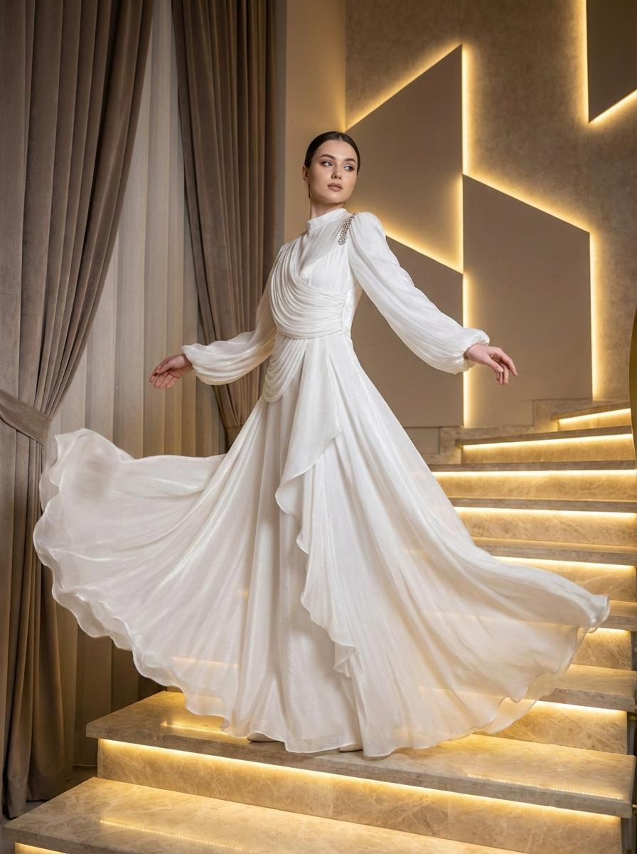 Tesettür MAYRA Işıltı Abiye BeyazLP6379