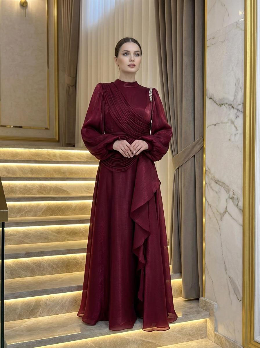 Tesettür MAYRA Işıltı Abiye BordoLP6379