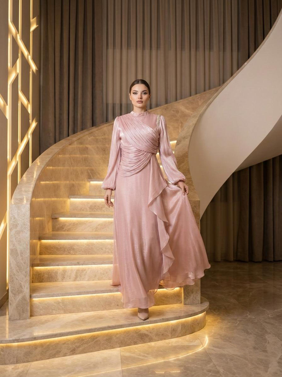 Tesettür MAYRA Işıltı Abiye PudraLP6379