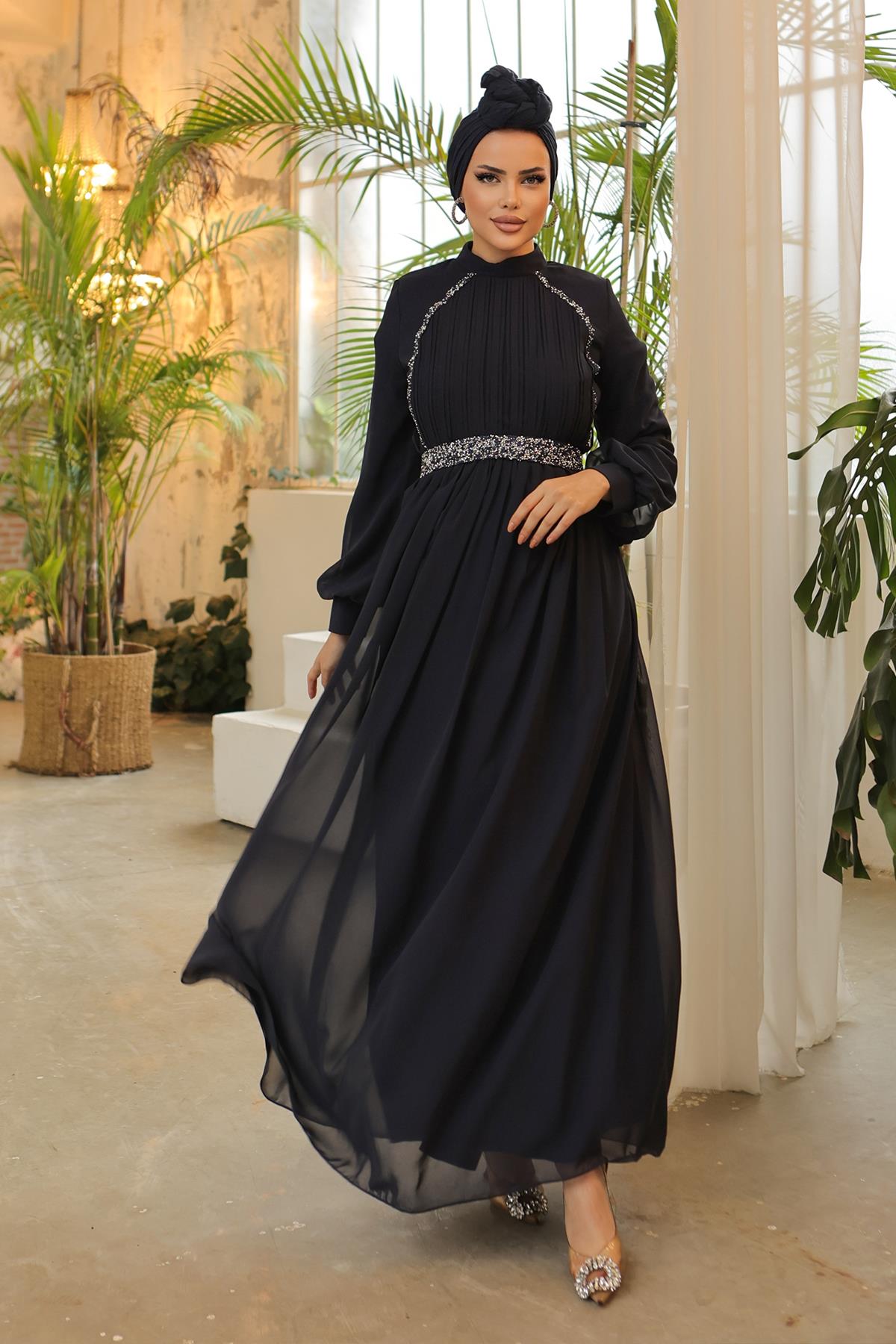 Tesettür Meç Süslemeli, Piliseli Şifon Abiye LacivertHM5013