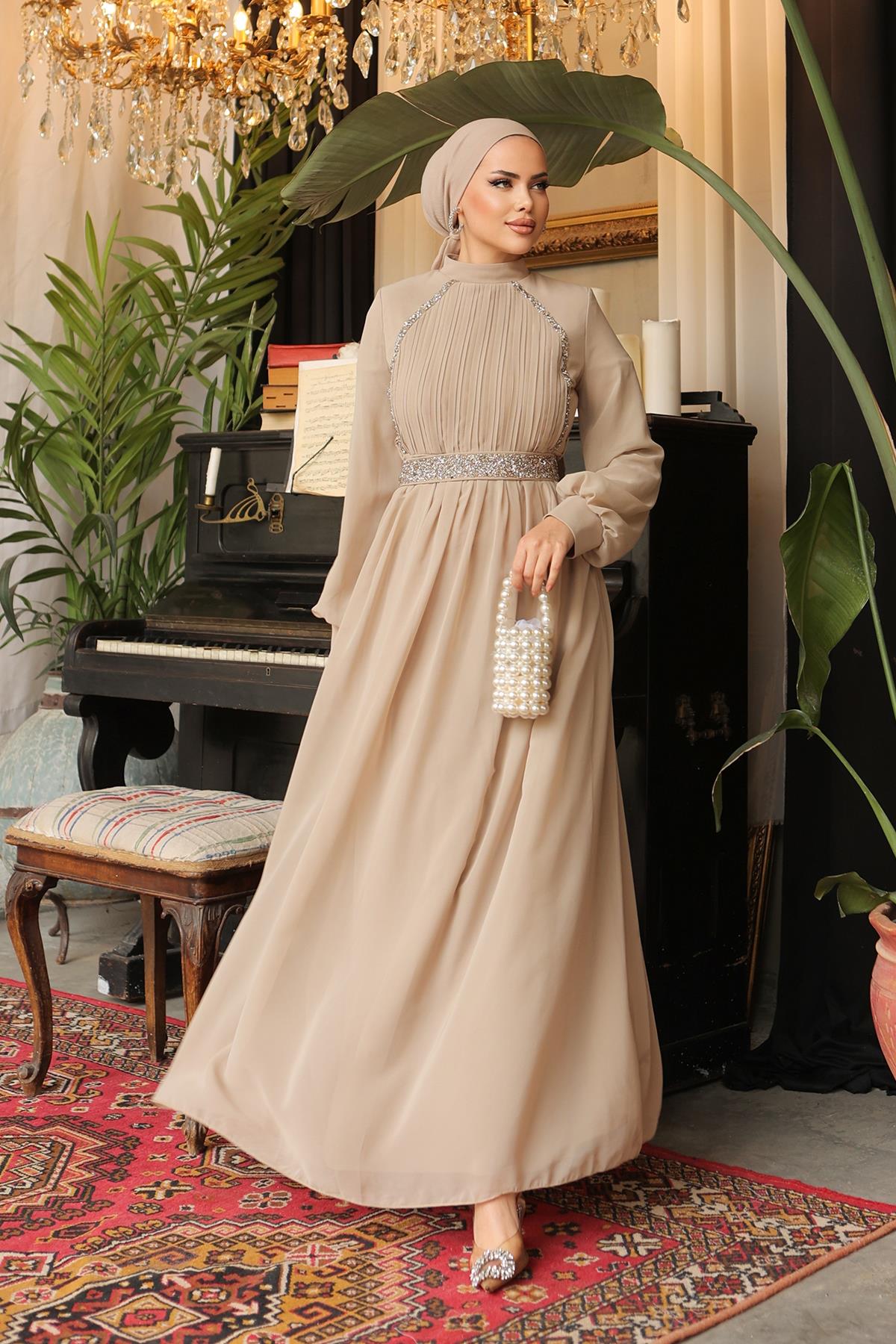 Tesettür Meç Süslemeli, Piliseli Şifon Abiye BejHM5013