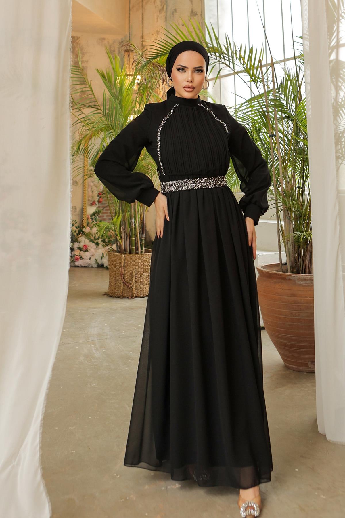 Tesettür Meç Süslemeli, Piliseli Şifon Abiye SiyahHM5013