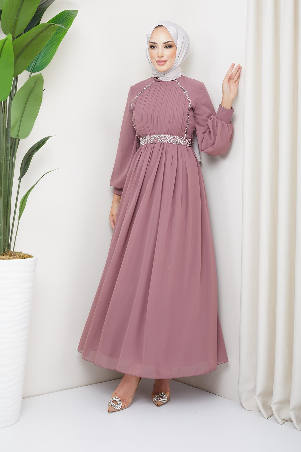 Tesettür Meç Süslemeli, Piliseli Şifon Abiye GülHM5013