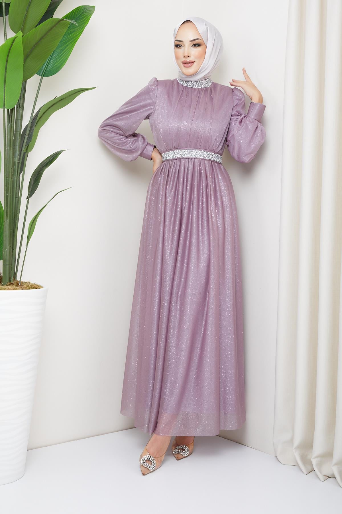 Tesettür Meç Süslemeli Simli Tül Abiye GülHM5012