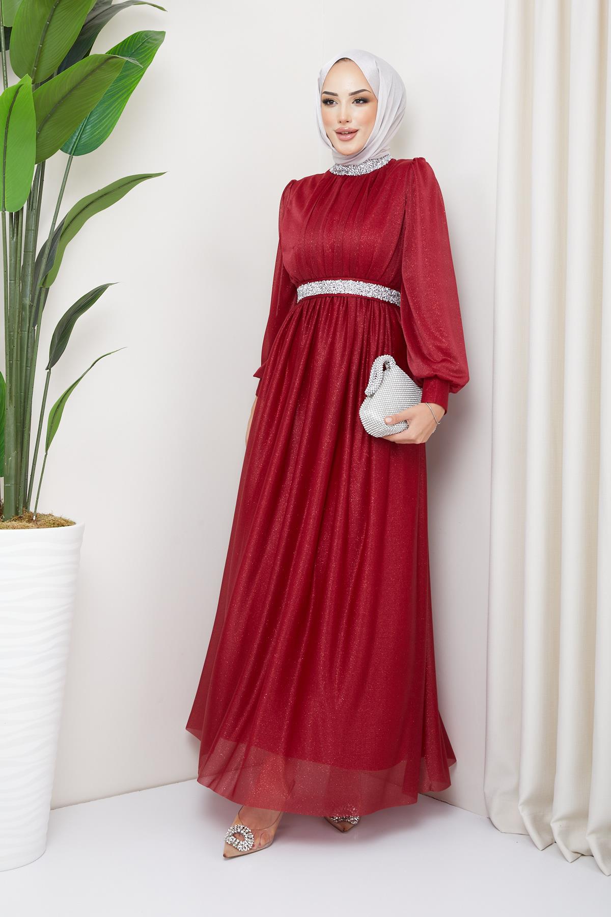 Tesettür Meç Süslemeli Simli Tül Abiye BordoHM5012