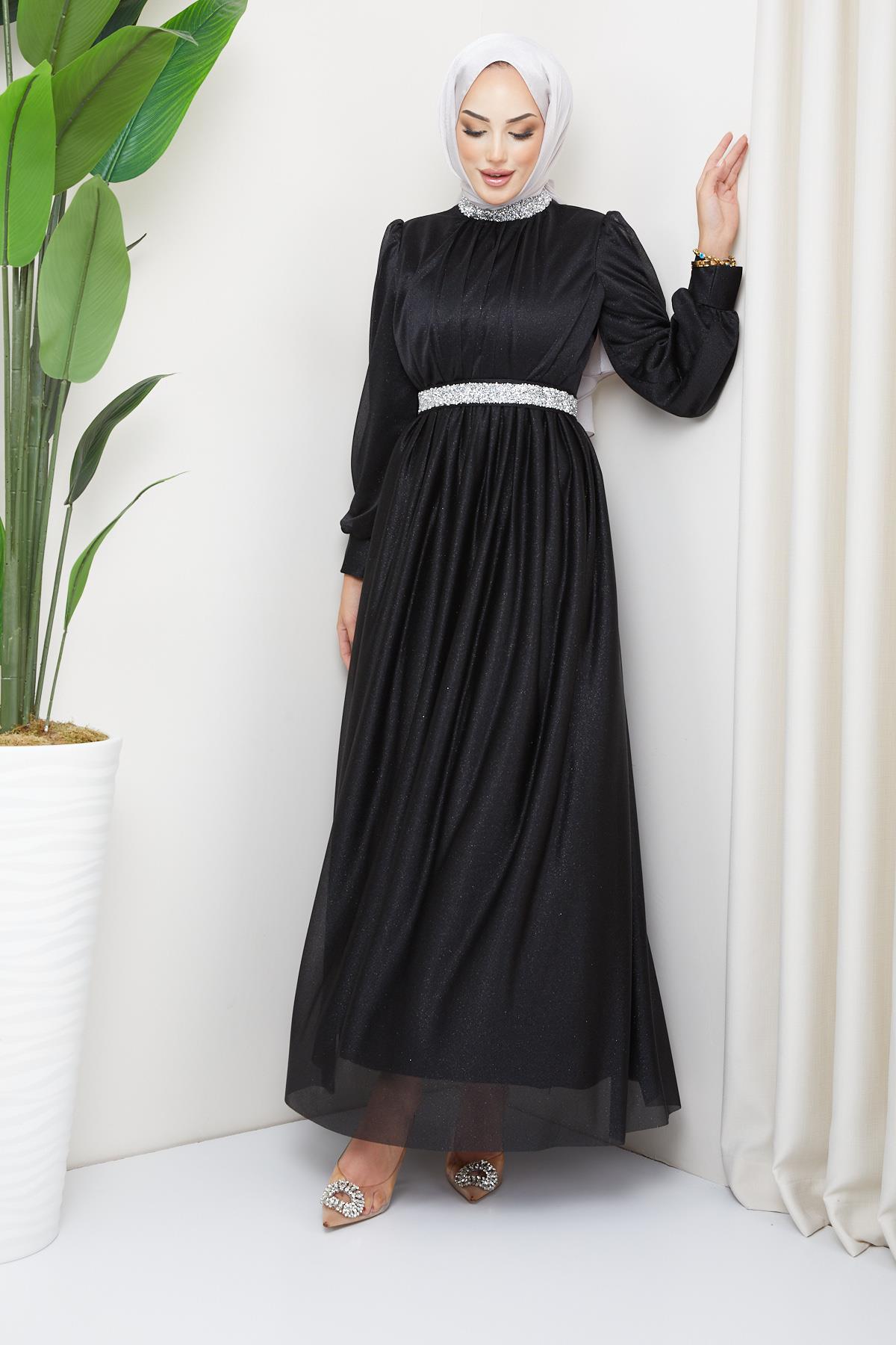 Tesettür Meç Süslemeli Simli Tül Abiye SiyahHM5012
