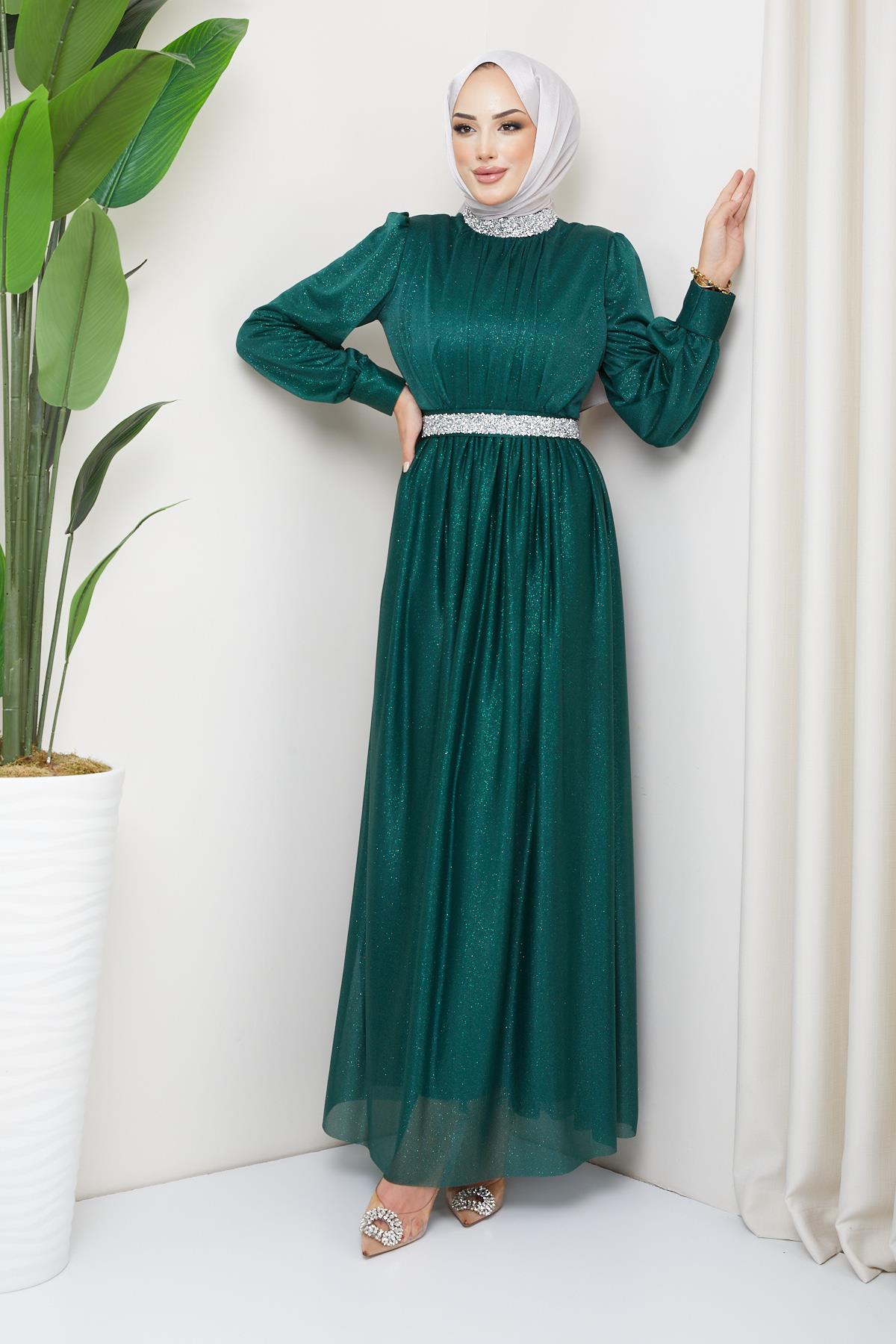 Tesettür Meç Süslemeli Simli Tül Abiye Zümrüt YeşiliHM5012