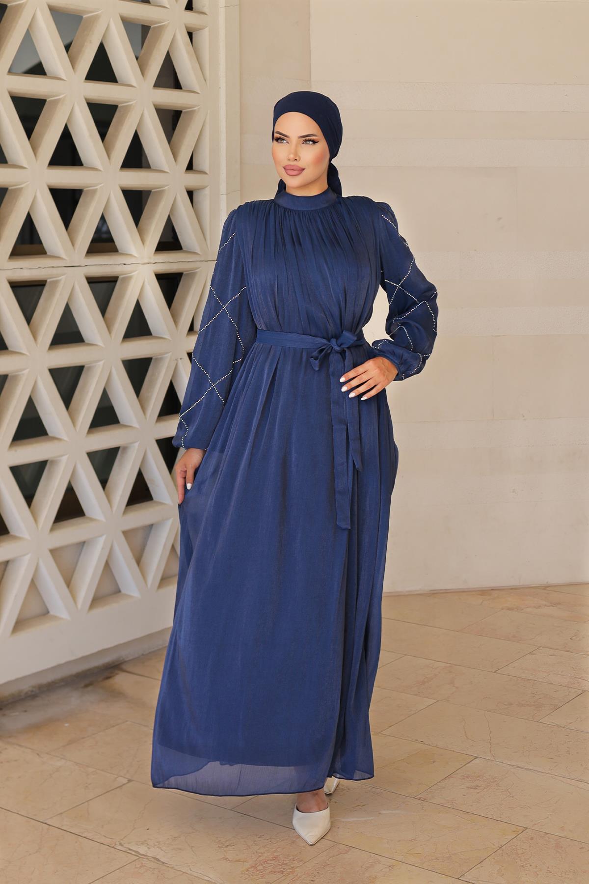 Tesettür Mercan Işıltı Abiye LacivertLP6097