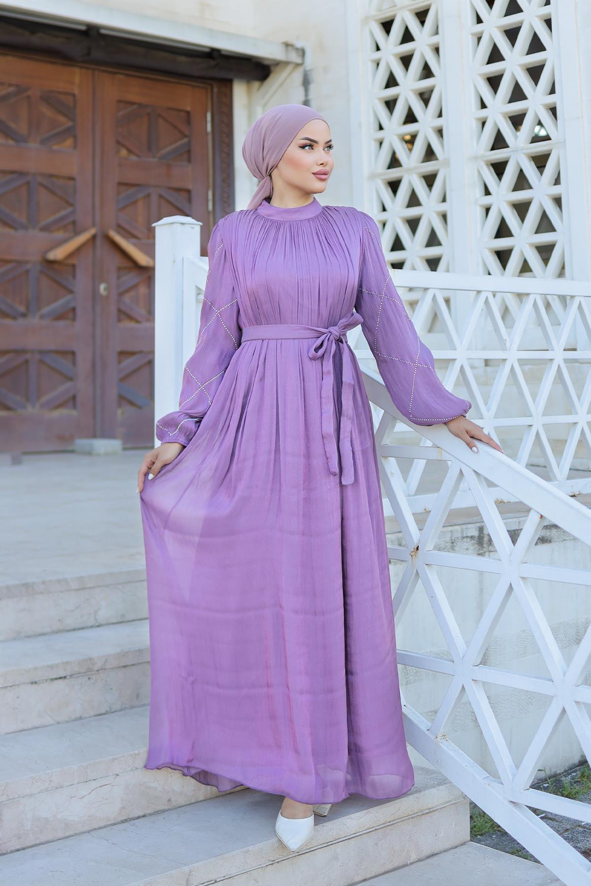 Tesettür Mercan Işıltı Abiye LilaLP6097