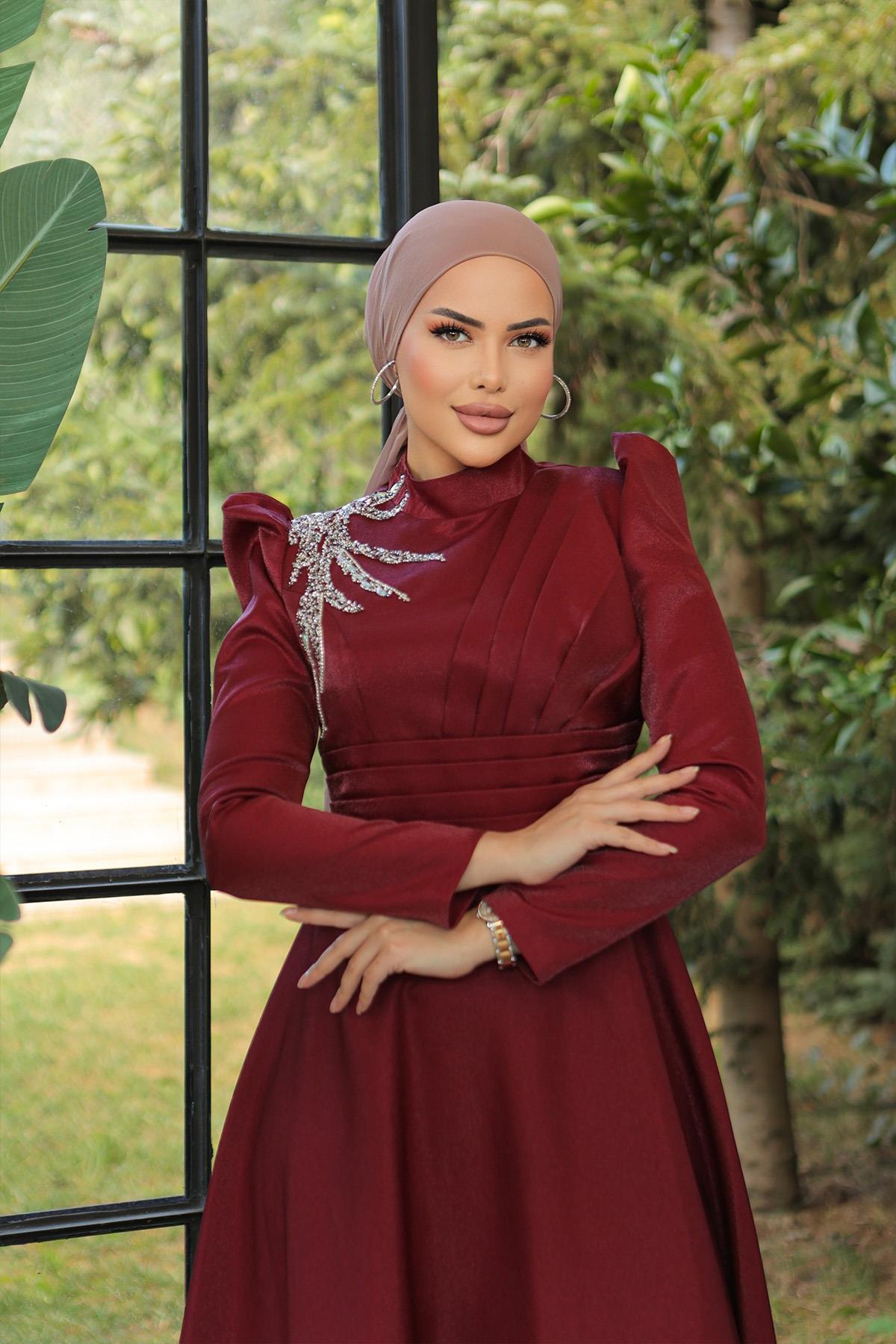 Tesettür Meryem Krep Saten Abiye BordoLP6029
