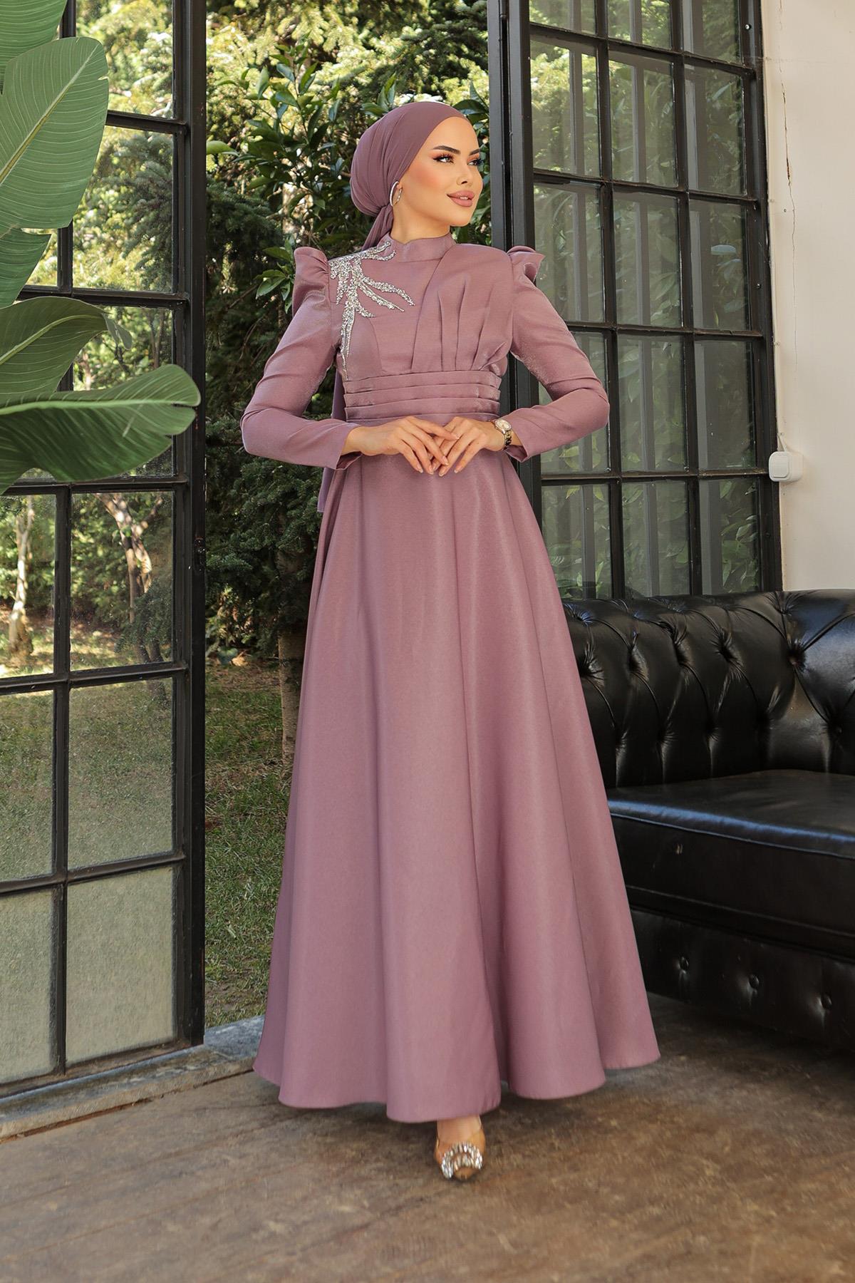 Tesettür Meryem Krep Saten Abiye LilaLP6029