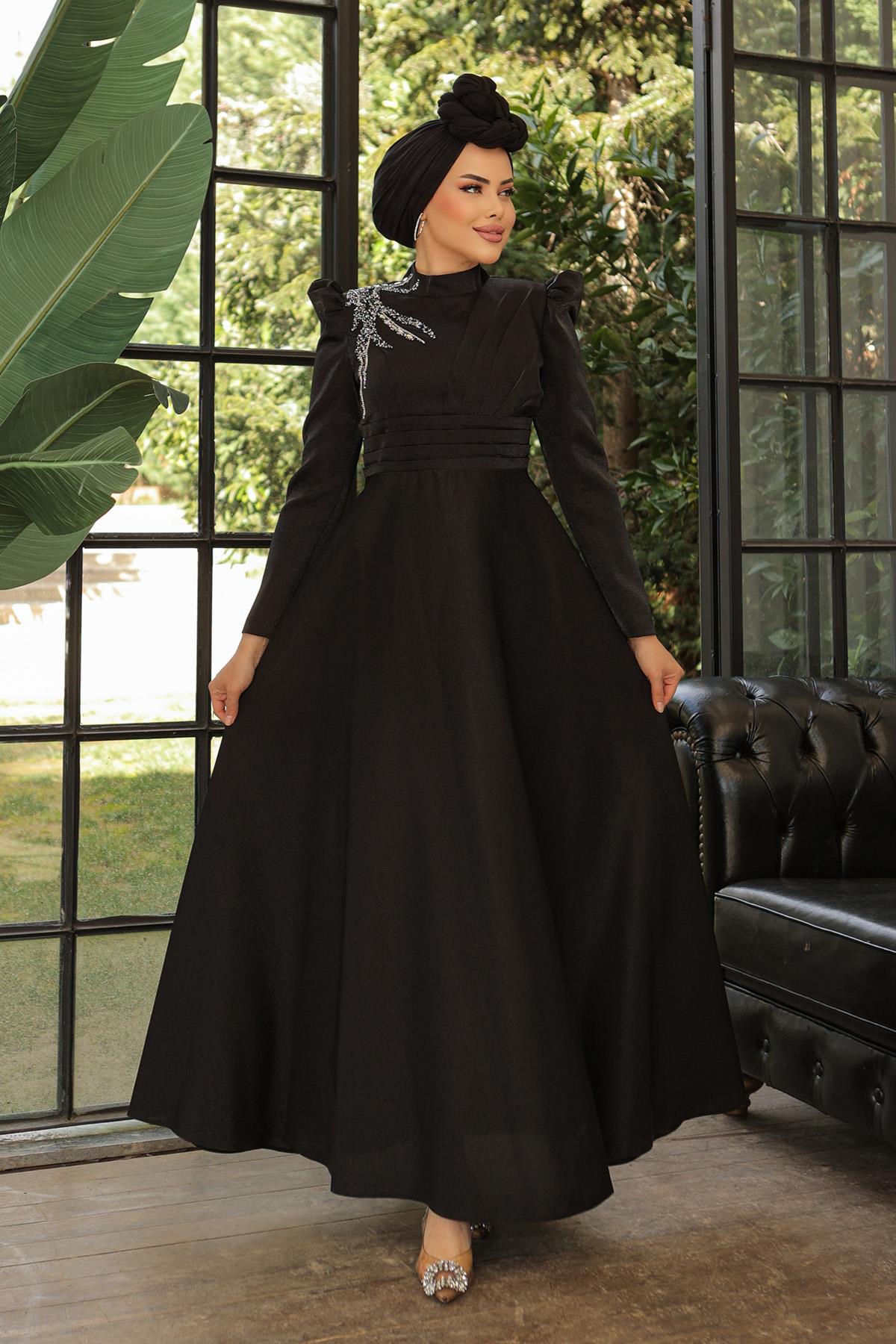 Tesettür Meryem Krep Saten Abiye SiyahLP6029