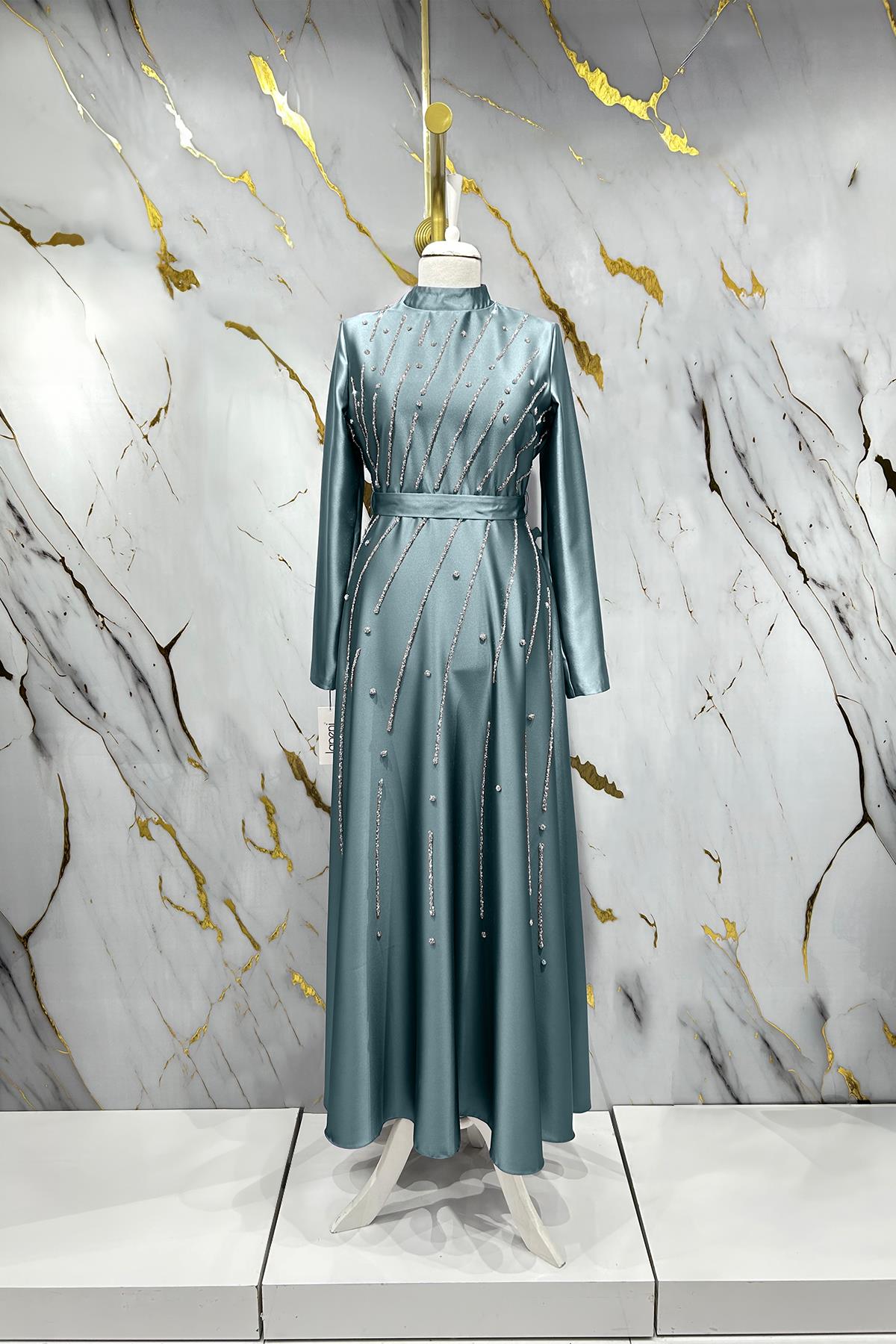 Tesettür Meyram Saten Abiye Mint YeşiliLP6131