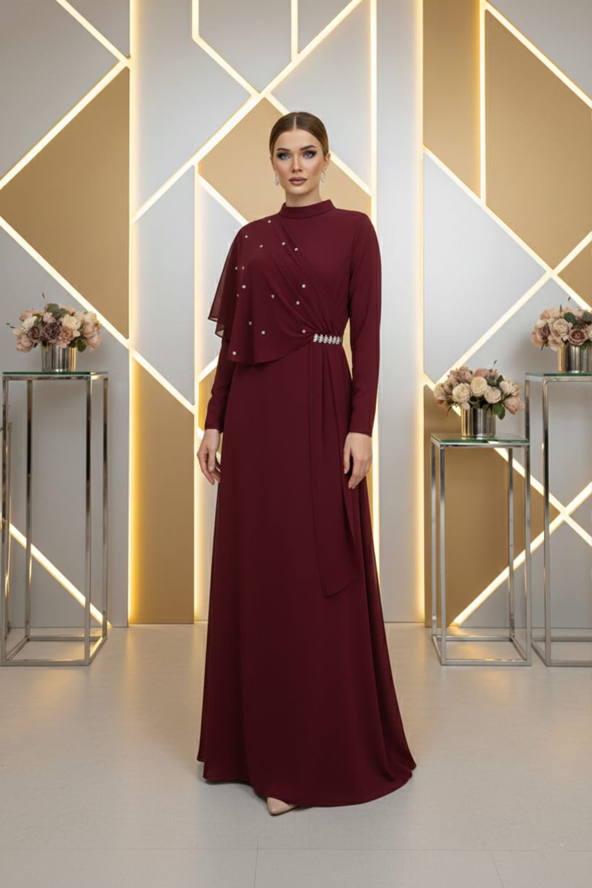 Tesettür Mihran Şifon Abiye BordoLP6361