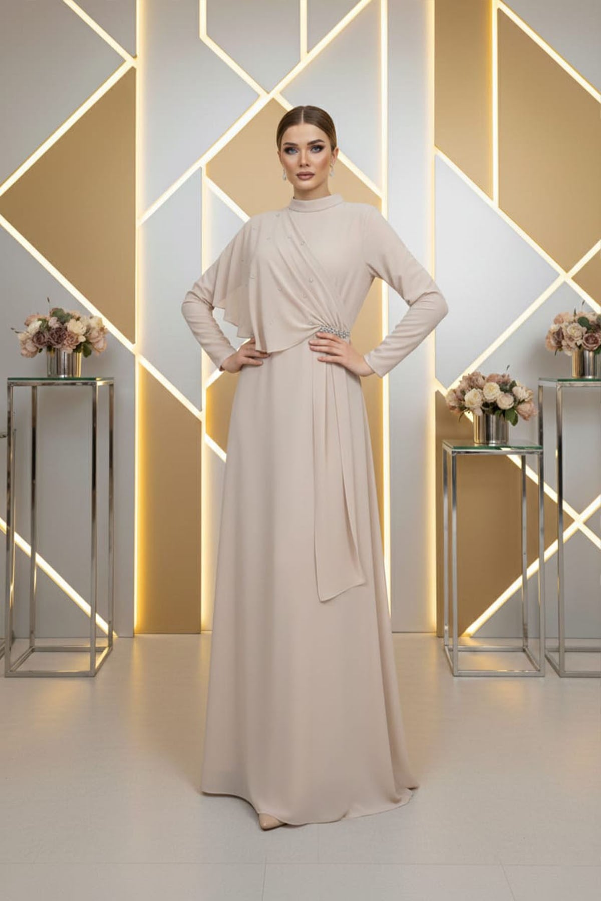 Tesettür Mihran Şifon Abiye Taş RengiLP6361