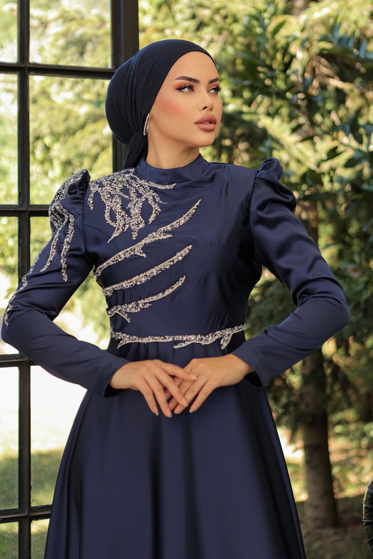 Tesettür Mina Saten Abiye LacivertLP6010