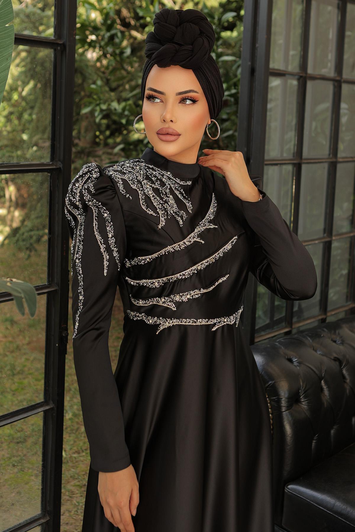 Tesettür Mina Saten Abiye SiyahLP6010