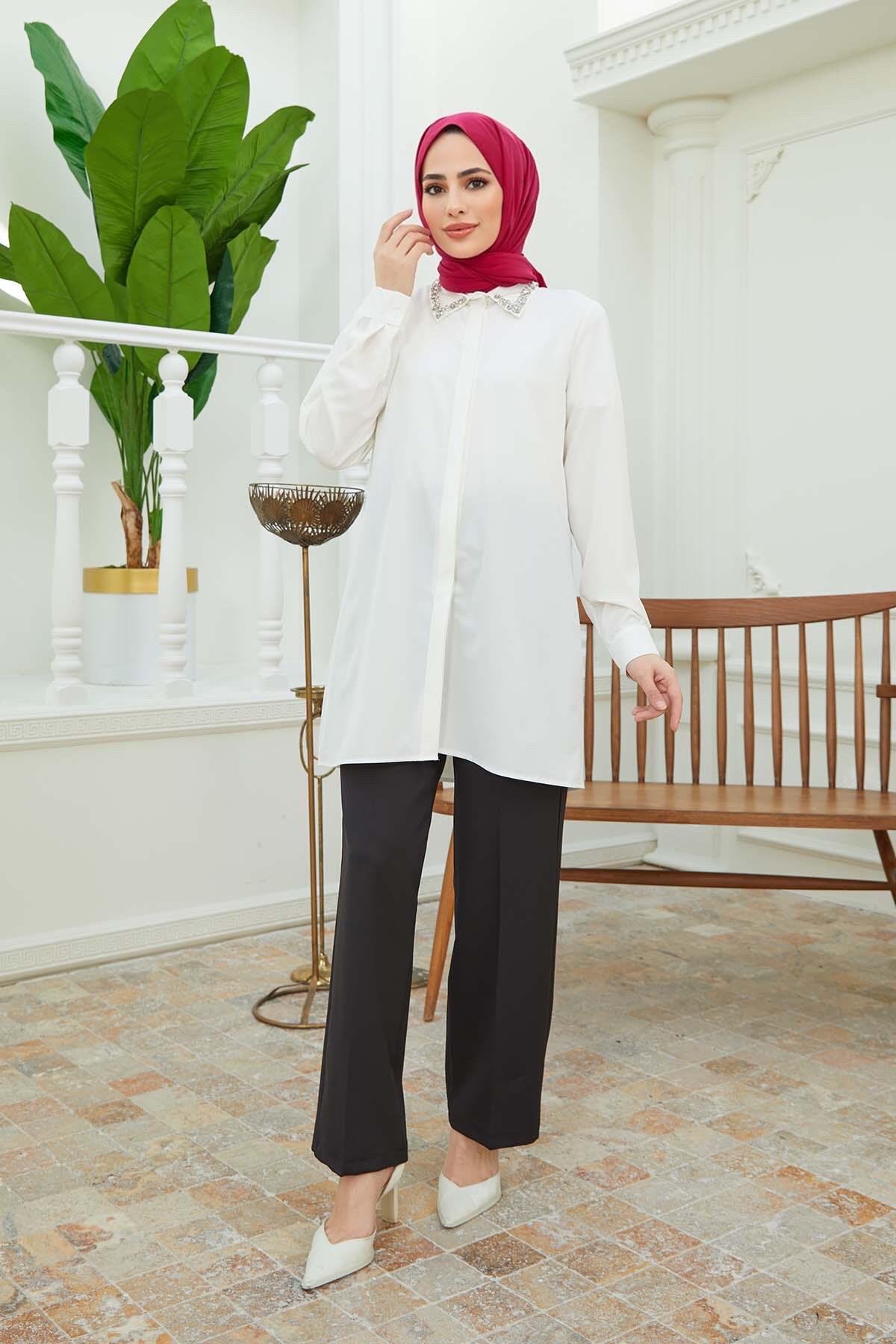 Tesettür Miray Yakası Taş Detaylı Gömlek EkruHM4122