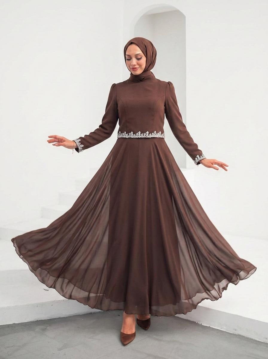 Tesettür MONA Adriana & Şifon Abiye Takım KahveLP6303