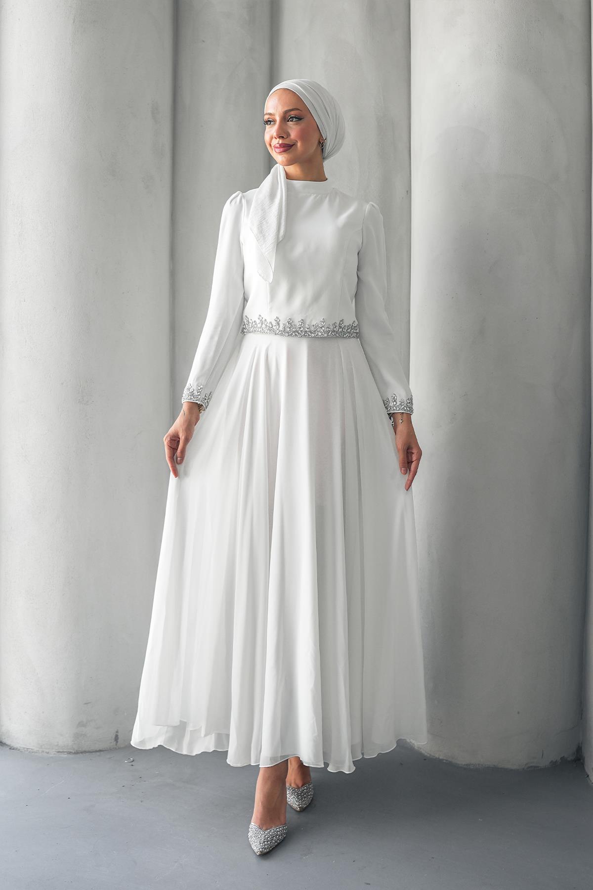 Tesettür Mona Adriana Takım Abiye BeyazLP6303