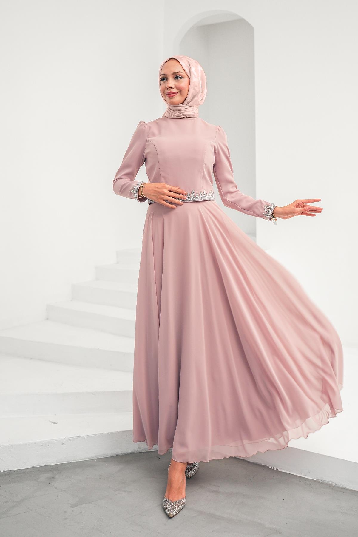 Tesettür Mona Adriana Takım Abiye PudraLP6303