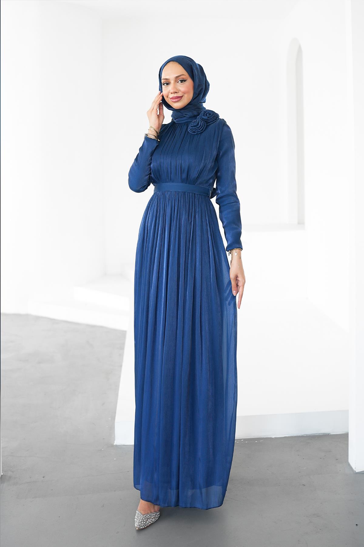 Tesettür Nevgül Işıltı Abiye LacivertLP6298