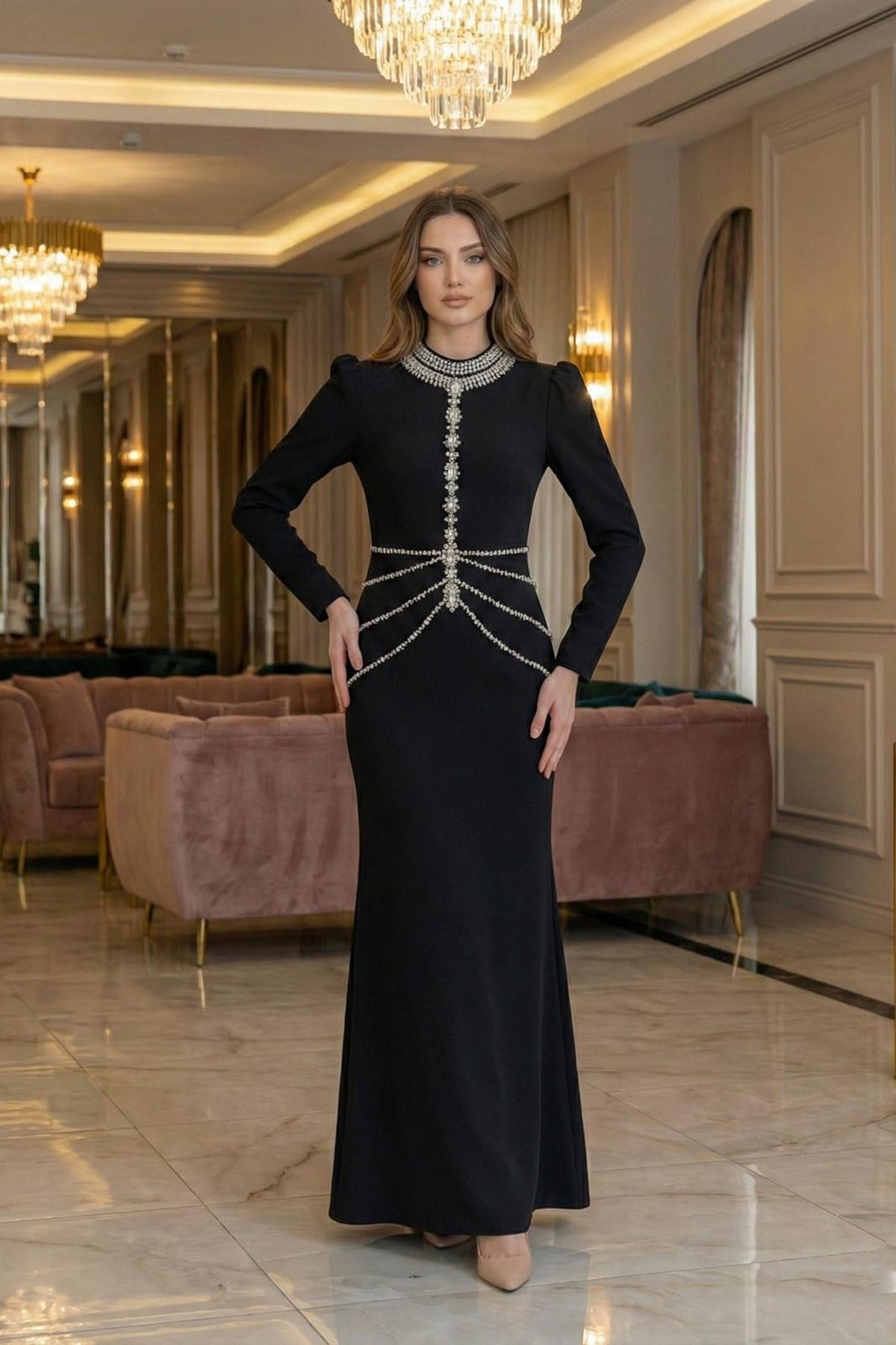 Tesettür Nigah Adriana Krep Abiye SiyahLP6349