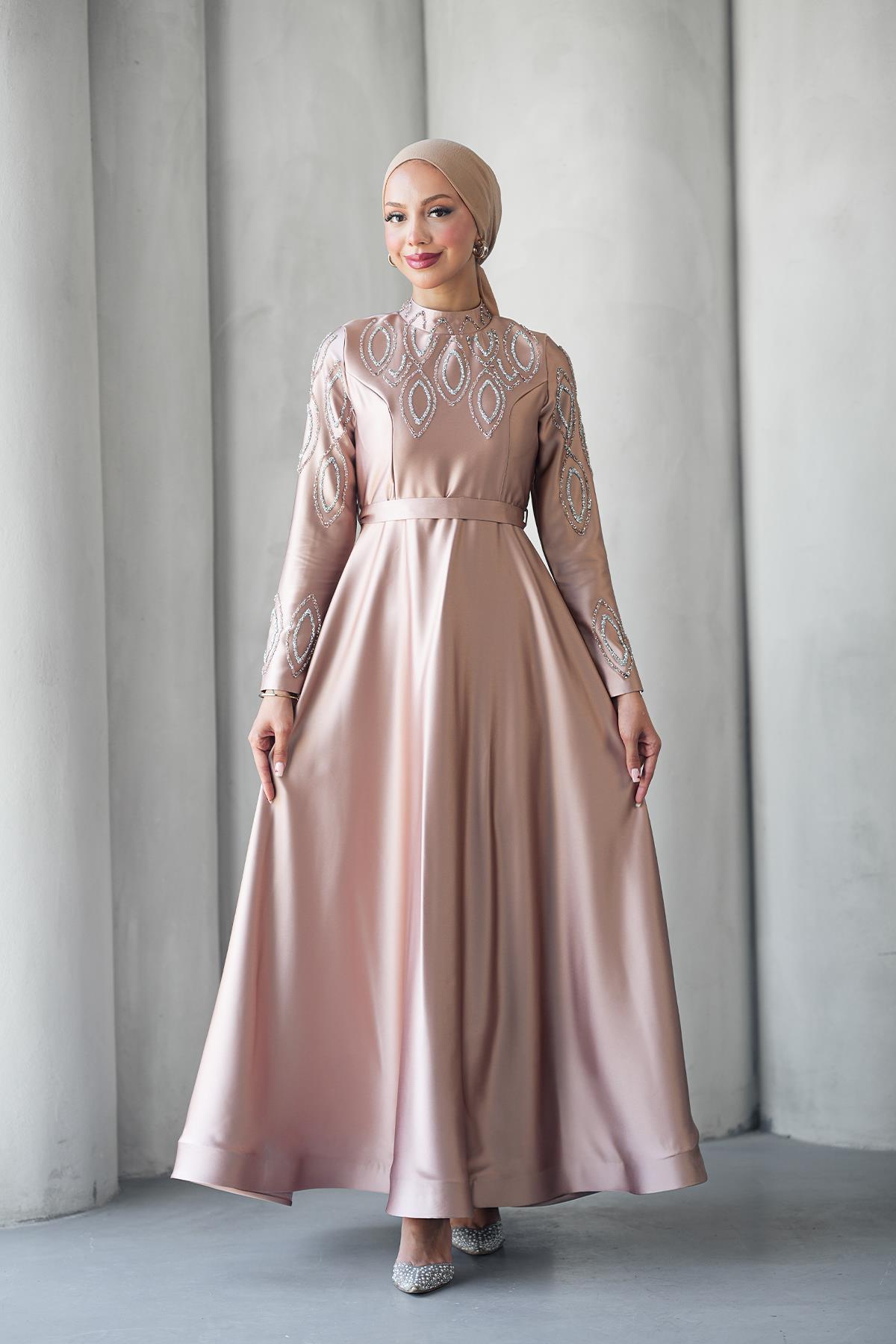 Tesettür Nihan Saten Abiye Gül KurusuLP6309