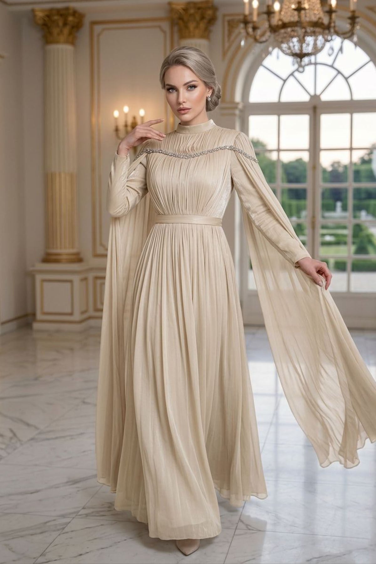 Tesettür NİLA Işıltı Şifon Abiye BejLP6384