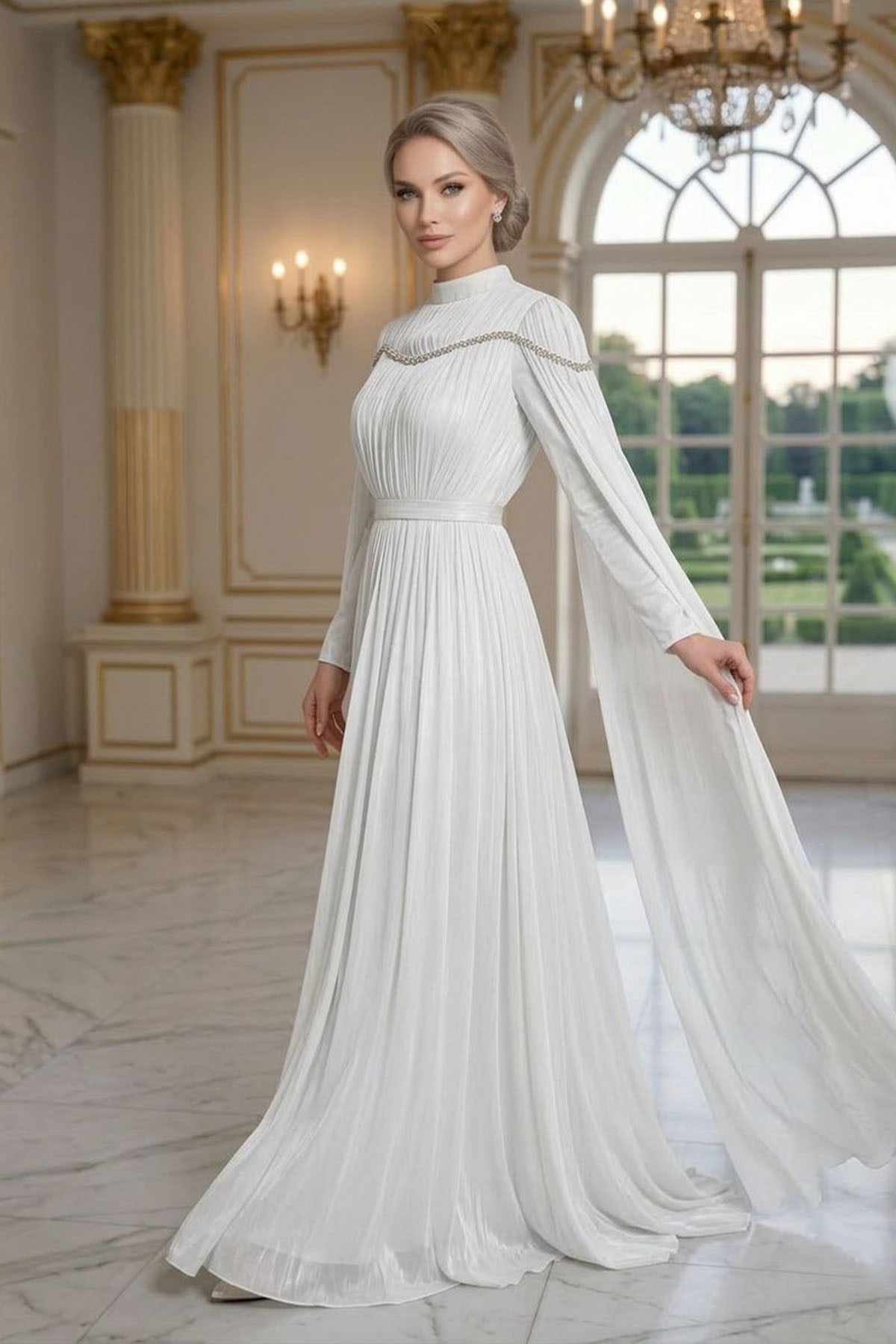 Tesettür NİLA Işıltı Şifon Abiye BeyazLP6384