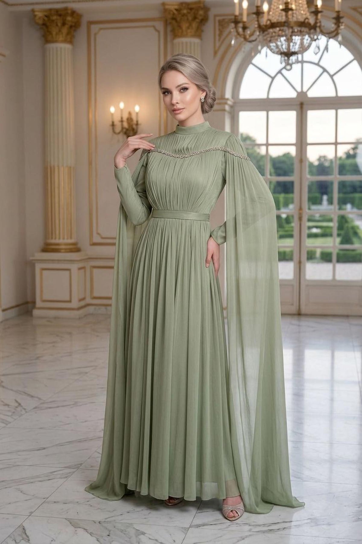 Tesettür NİLA Işıltı Şifon Abiye Küf YeşiliLP6384