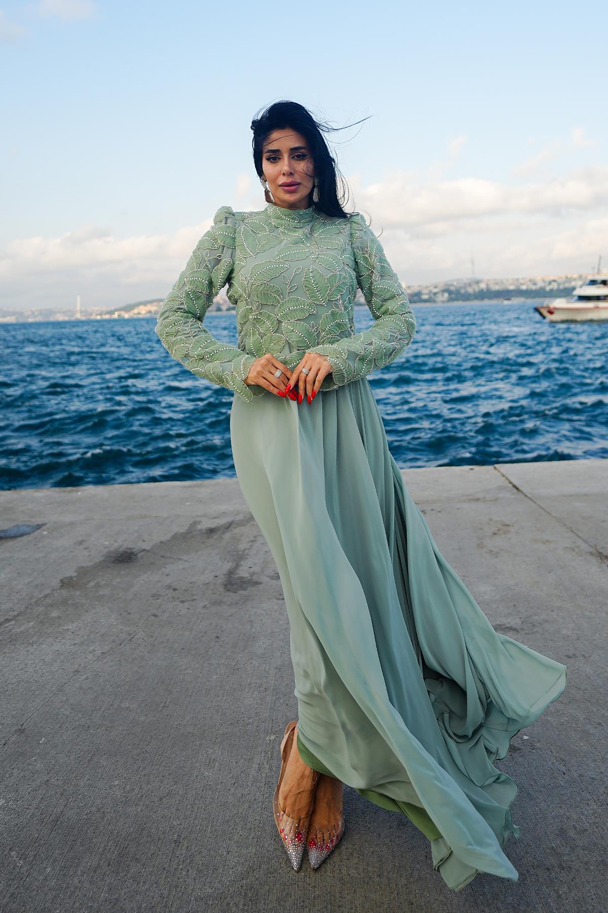 Tesettür Nora İnci Şifon Abiye Mint YeşiliLP6262