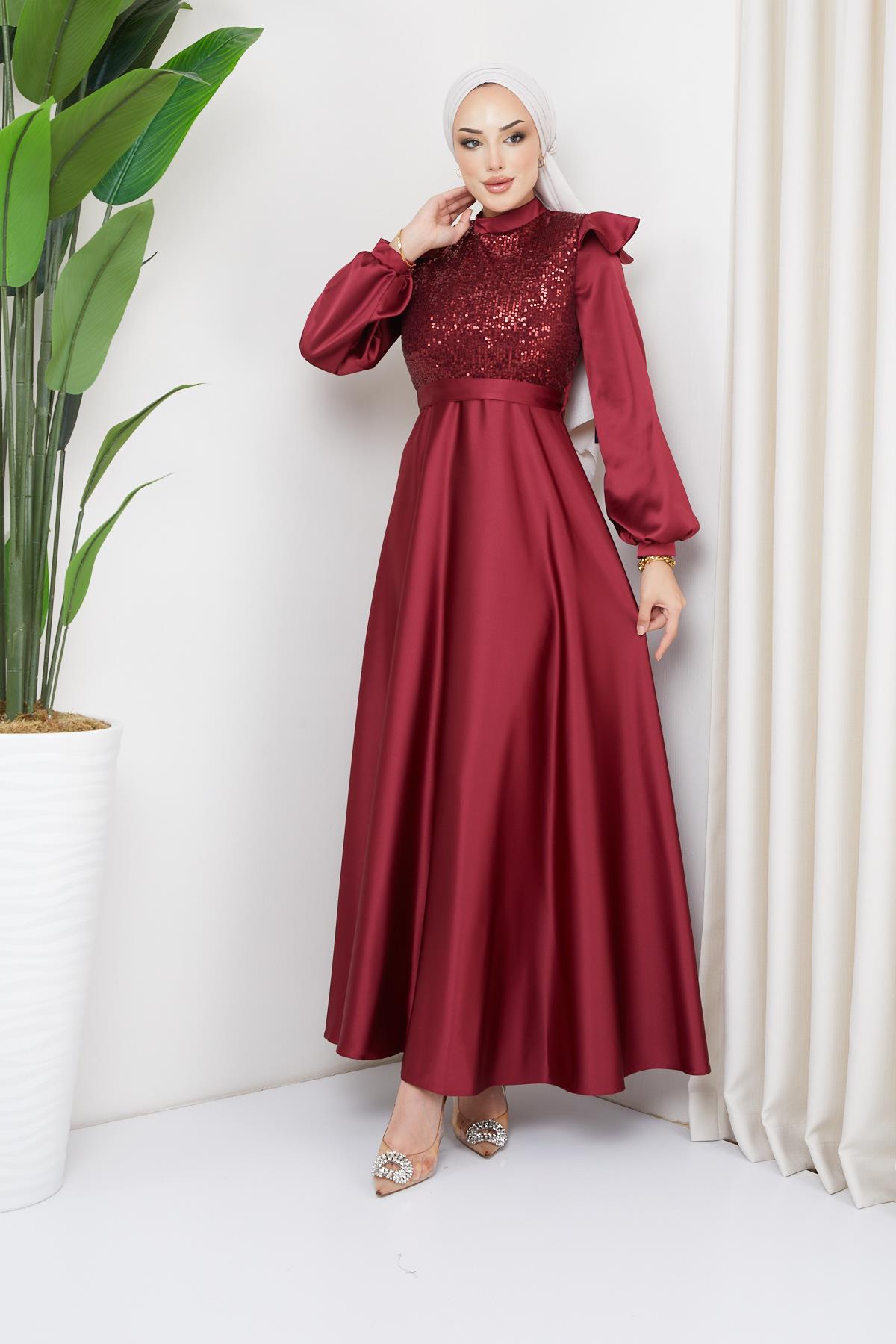 Tesettür Önü Payet Detaylı Saten Abiye BordoHM5022-1