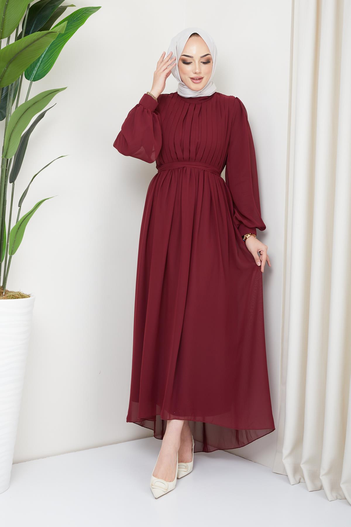 Tesettür Önü Piliseli Şifon Elbise BordoHM4219