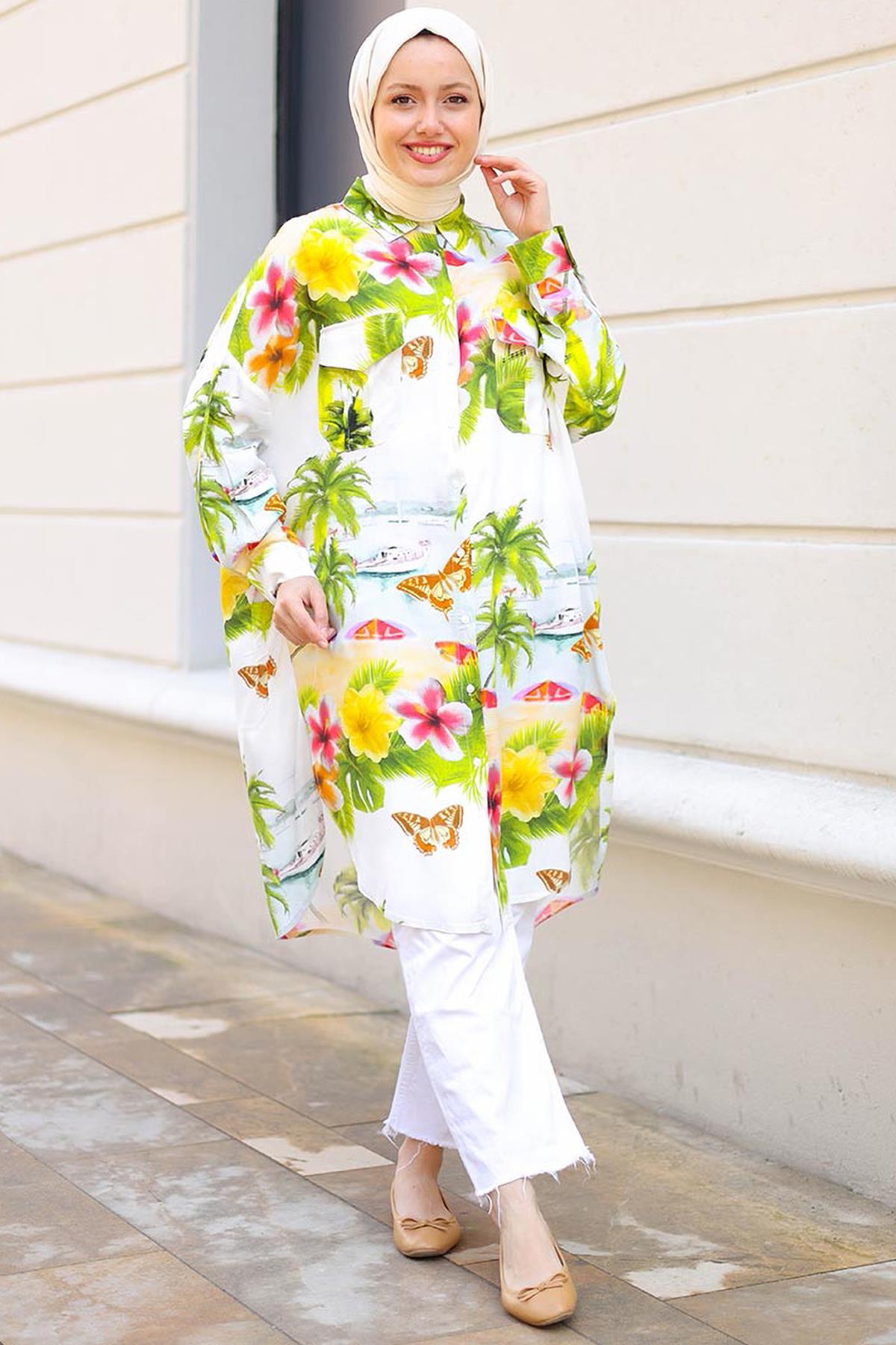 Tesettür Palmiye Desenli Cepli Tunik YeşilHM65009