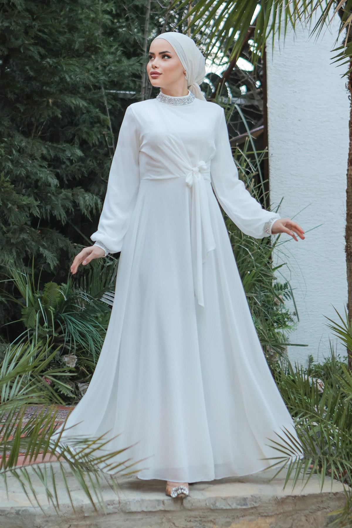 Tesettür Papya Şifon abiye BeyazLP6038