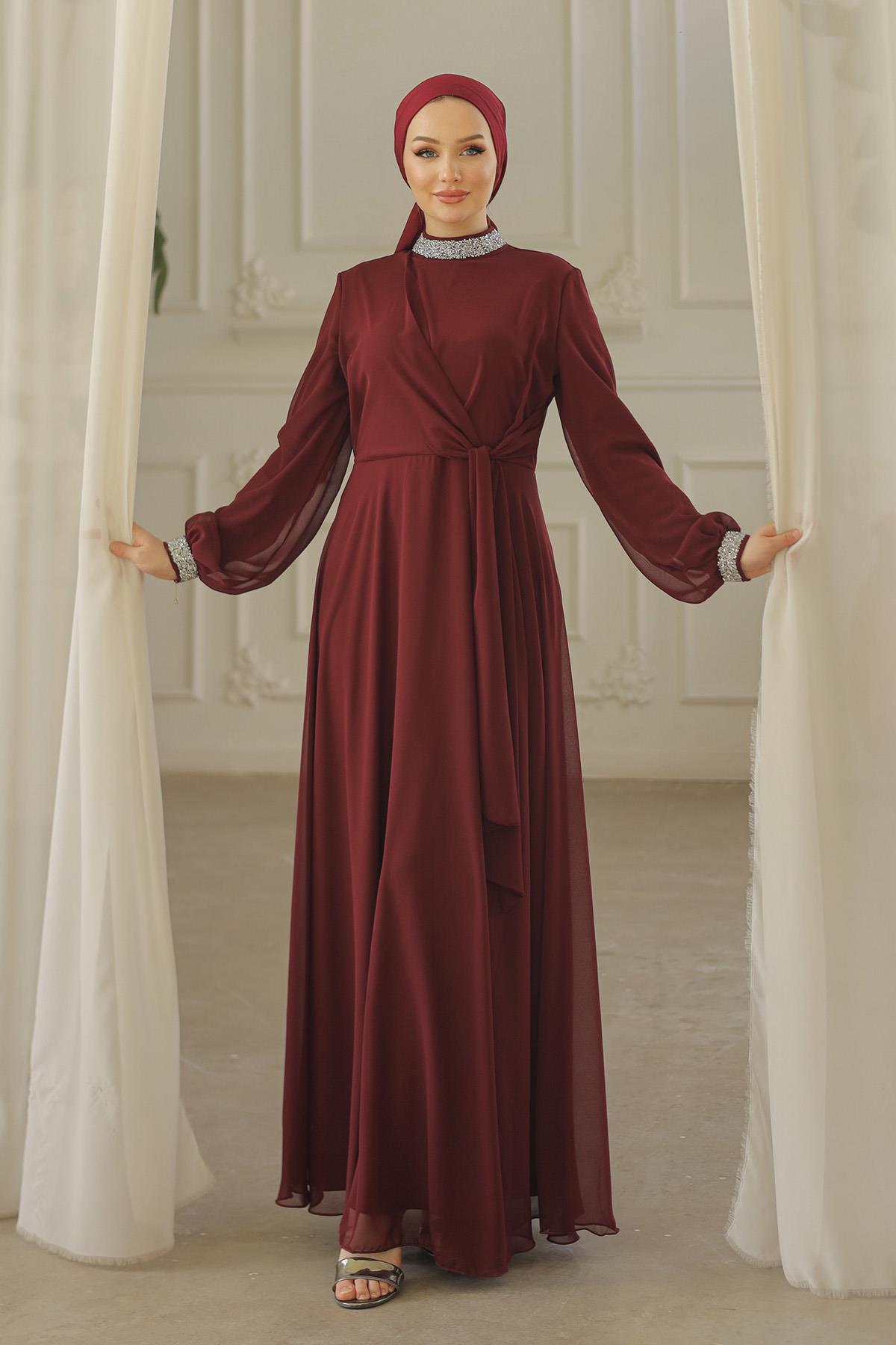 Tesettür Papya Şifon abiye BordoLP6038