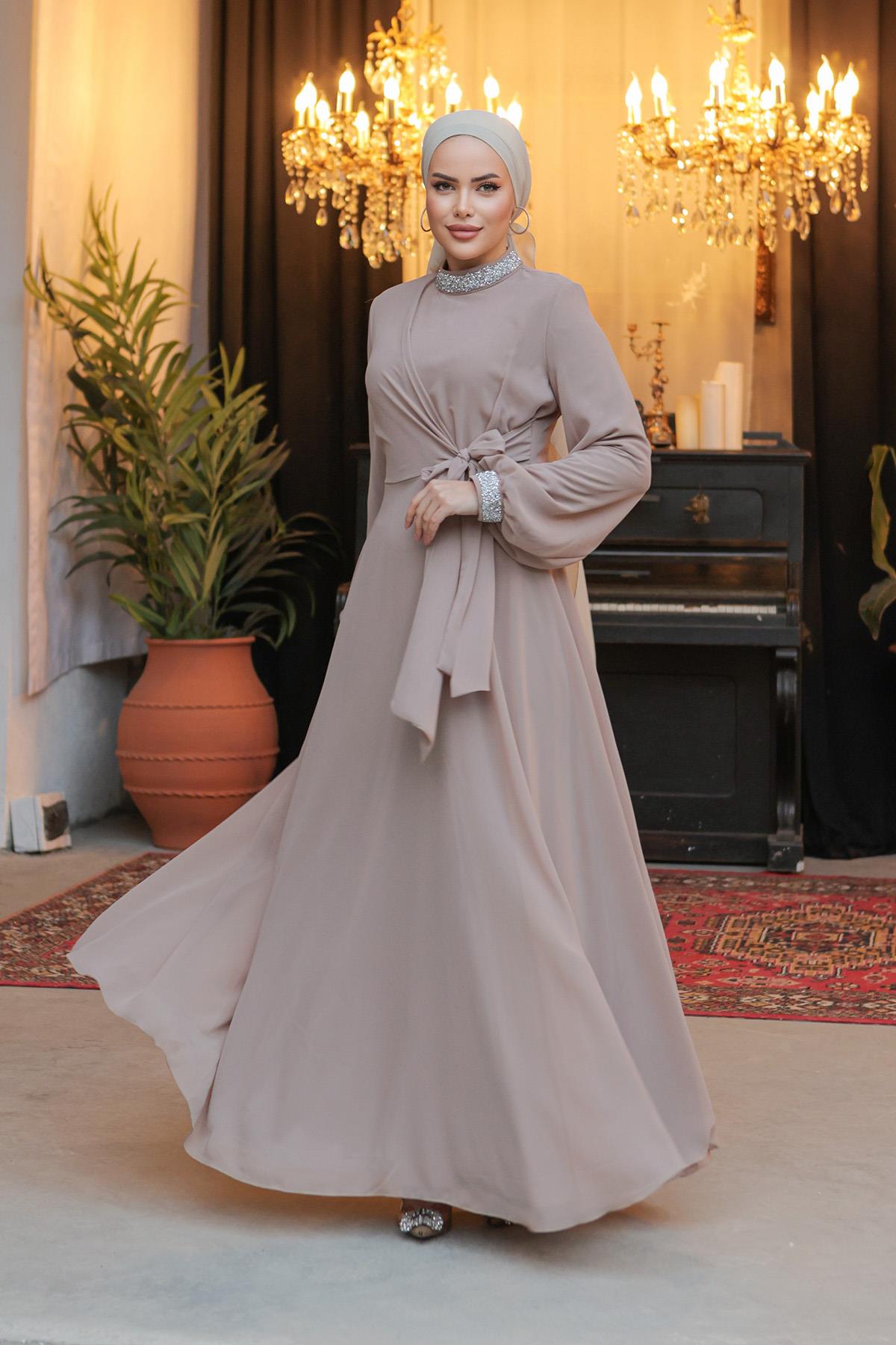 Tesettür Papya Şifon abiye CamelLP6038