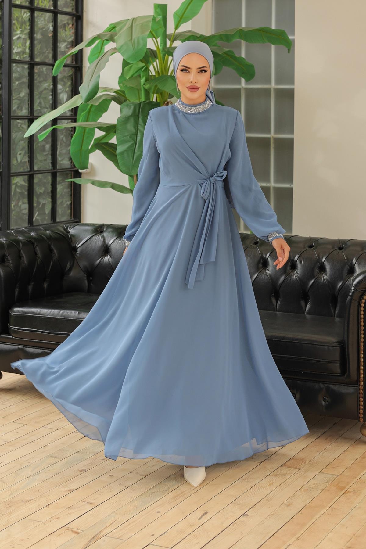 Tesettür Papya Şifon Abiye IndigoLP6038