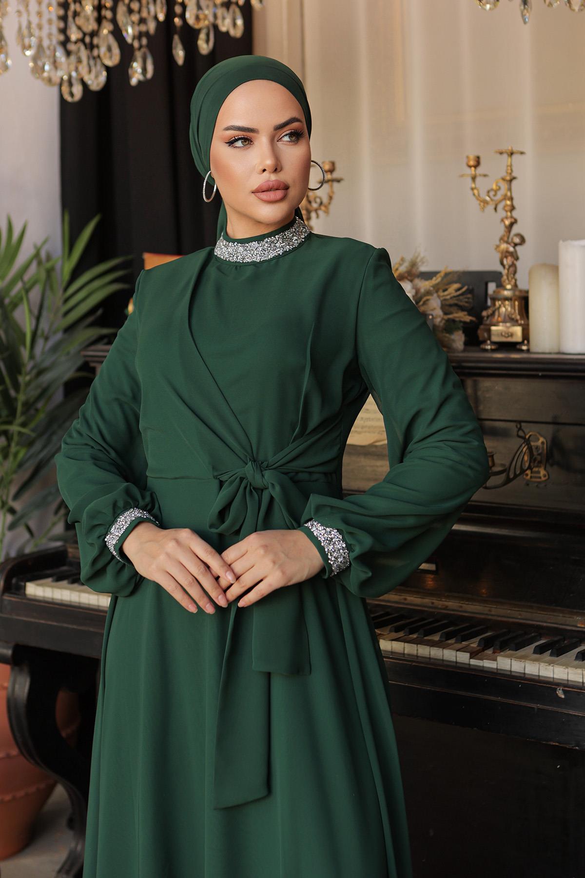Tesettür Papya Şifon abiye Zümrüt YeşiliLP6038