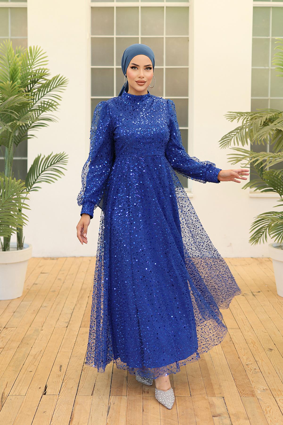 Tesettür Payetli Tül Abiye Saks MavisiHM5014