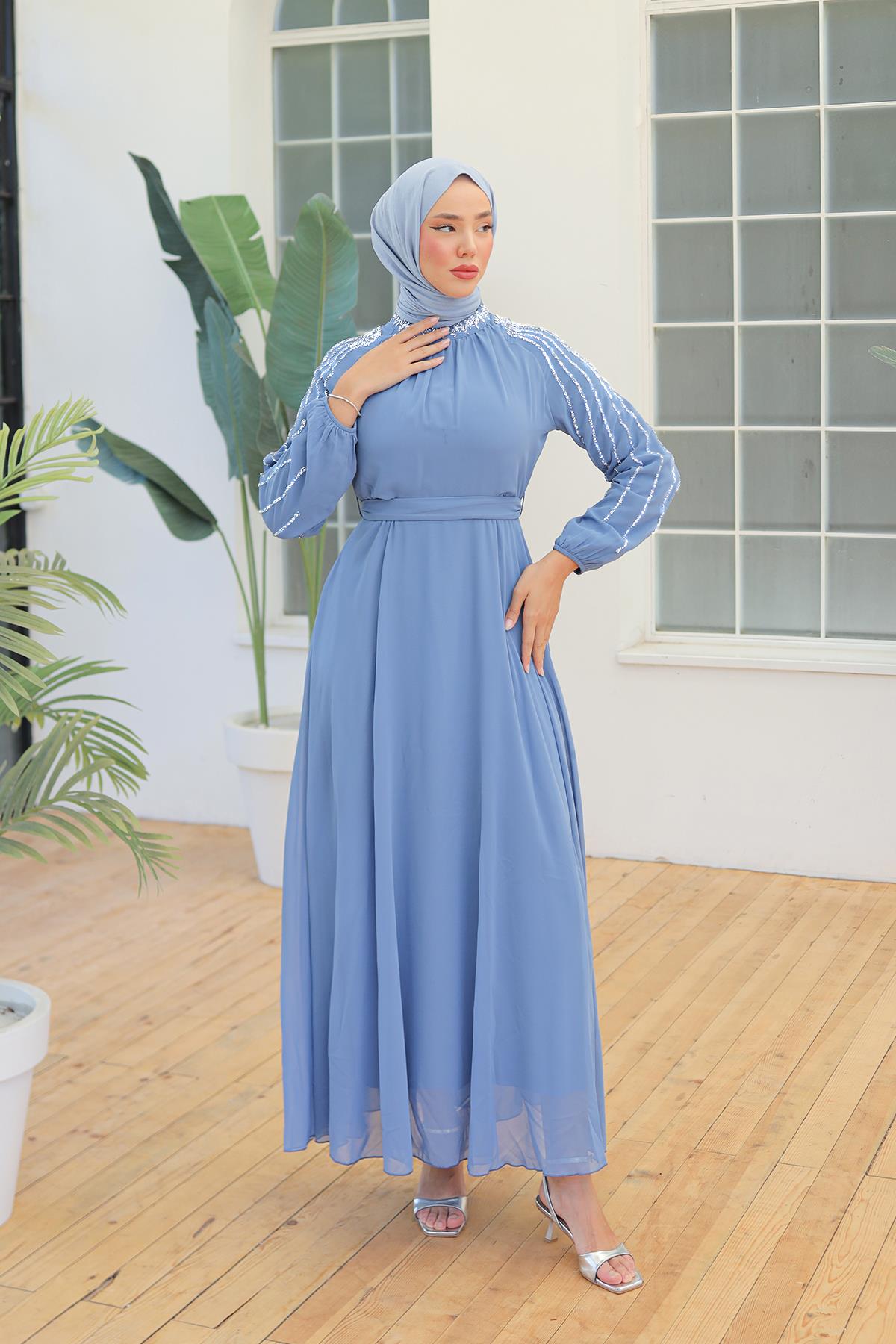 Tesettür Peren Şifon Abiye Açık MaviLP6089