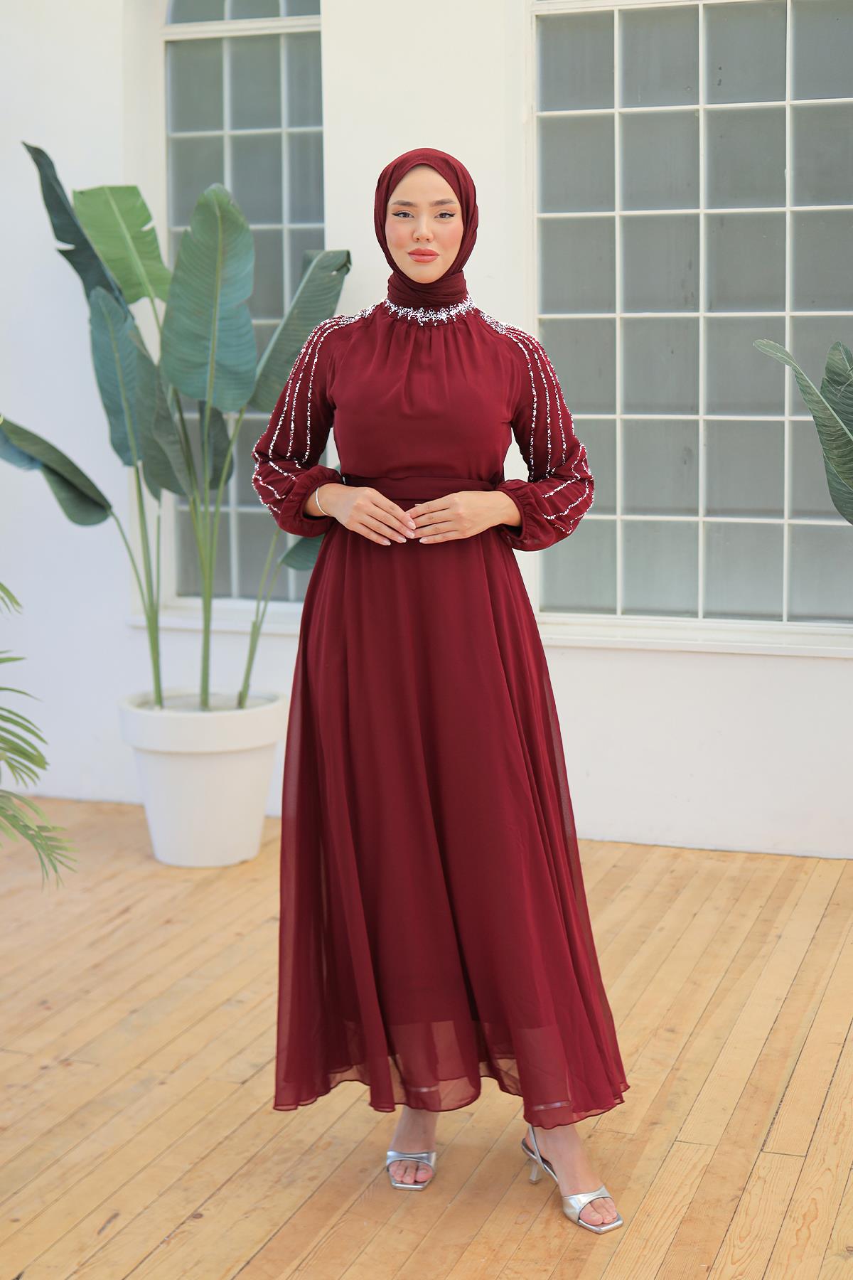 Tesettür Peren Şifon Abiye BordoLP6089