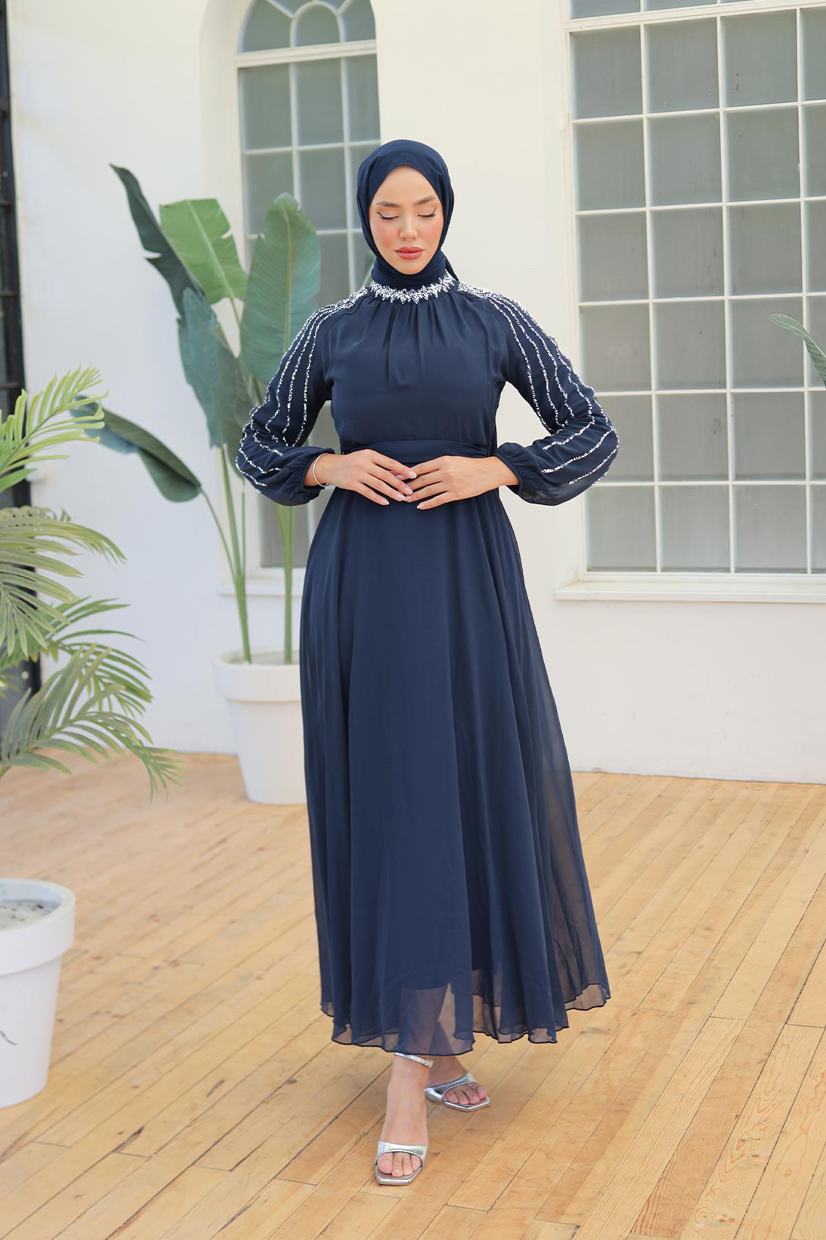 Tesettür Peren Şifon Abiye LacivertLP6089