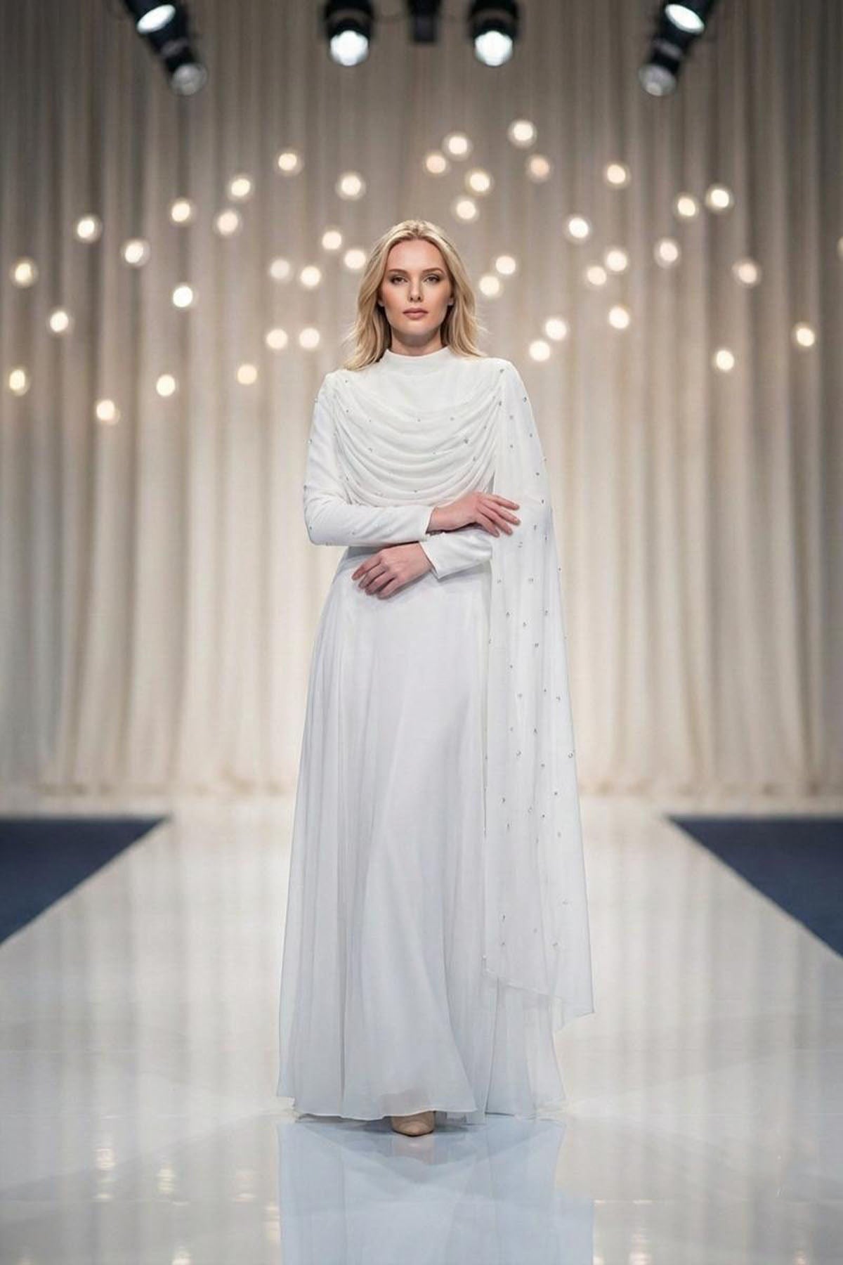 Tesettür PERİZADE Şifon Abiye BeyazLP6317