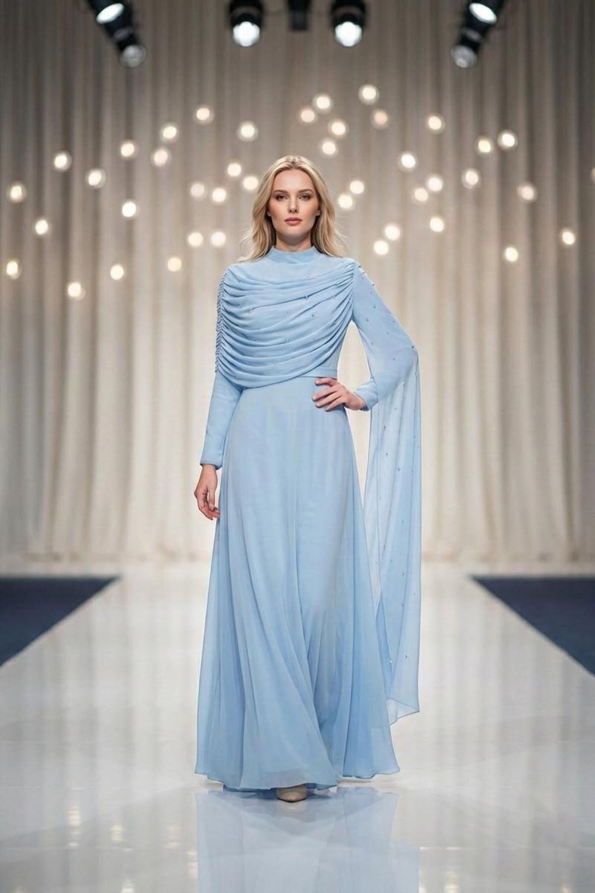 Tesettür PERİZADE Şifon Abiye Gök MaviLP6317